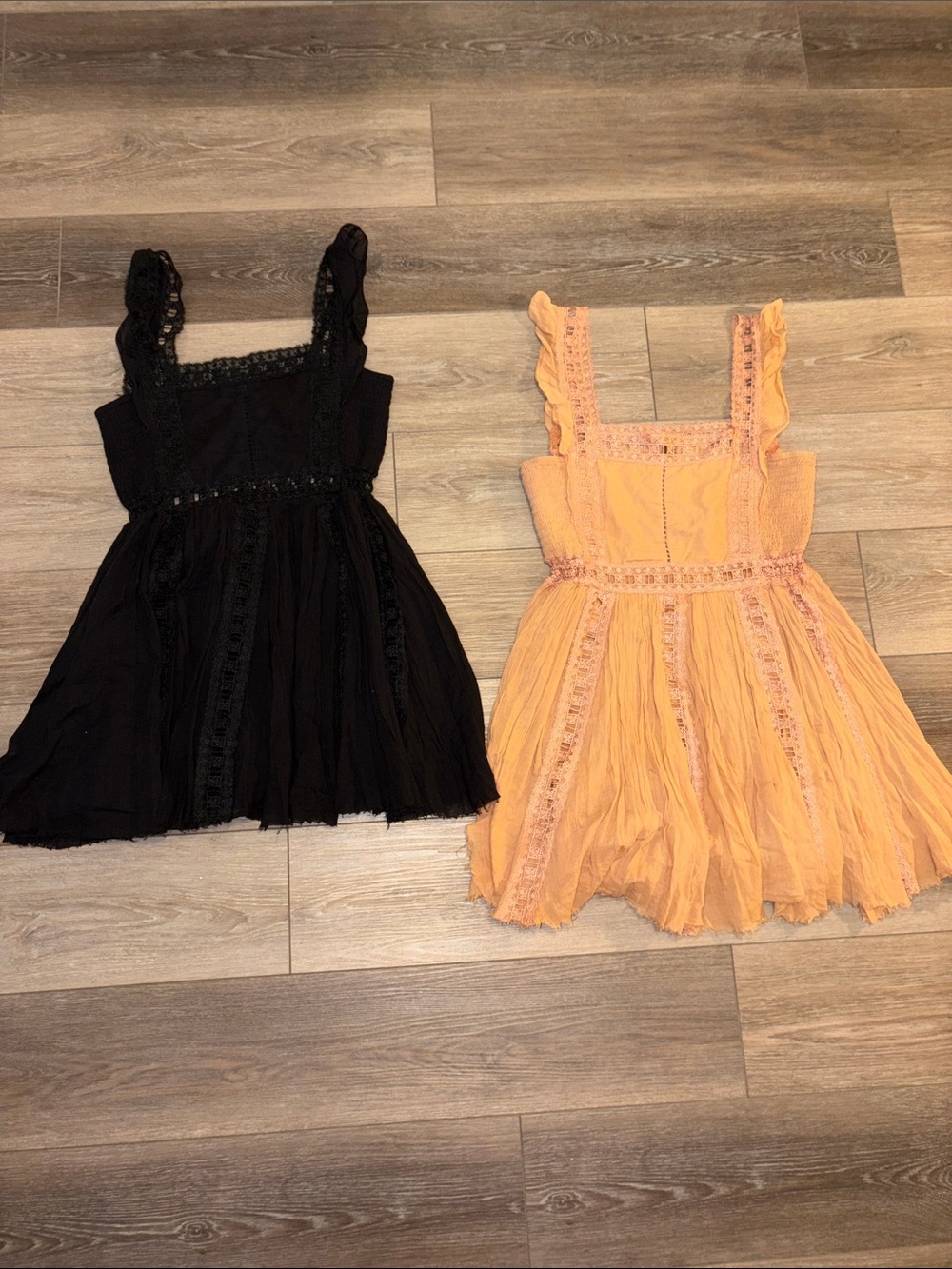 Free People Lace-Trim Square Neck Mini Dress in Black and Peach